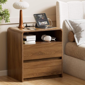 Mid-Century Nightstand with Built-in Outlet, Open Compartment & 3 Drawers
