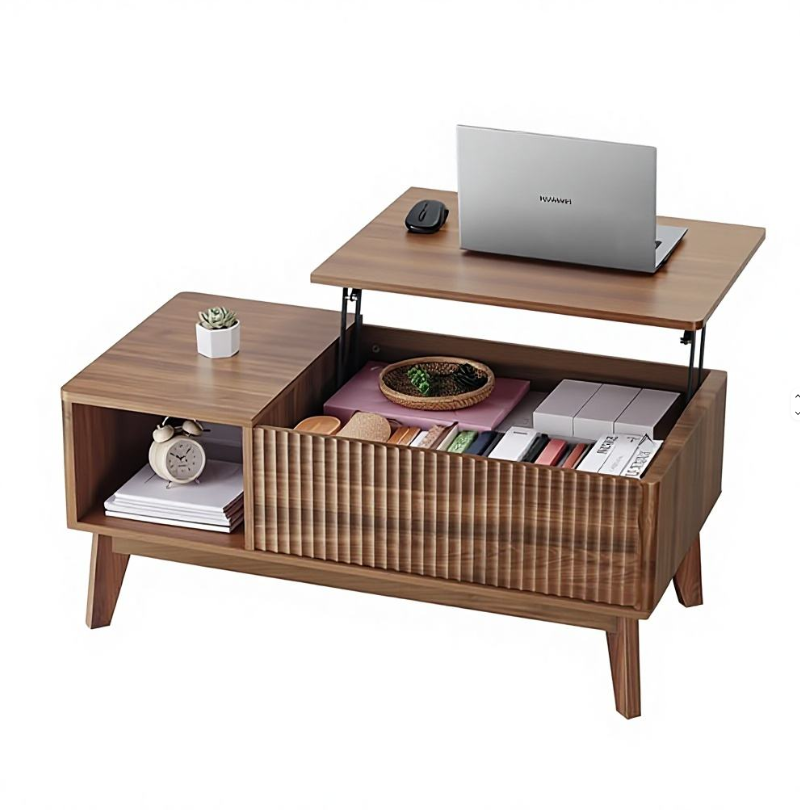 Asymmetrical Lift-Top Coffee Table with Open Shelf & Hidden Storage