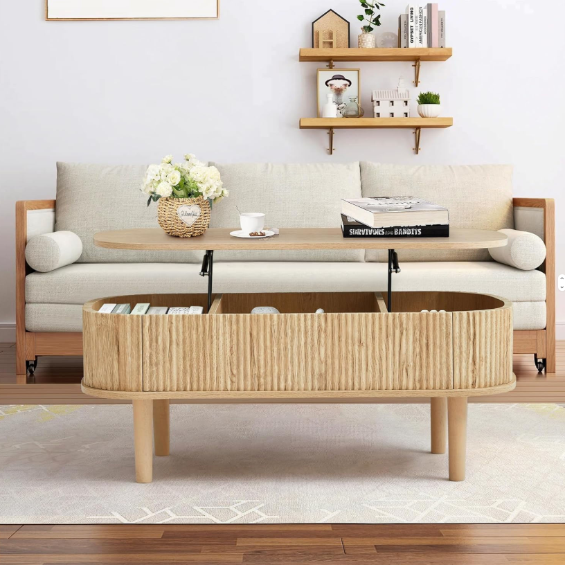 Fluted Lift-Top Coffee Table with Storage Compartments & Pre-Assembled Base - Image 2