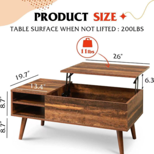 Rustic Lift-Top Coffee Table with Removable Side Shelves & Hidden Storage