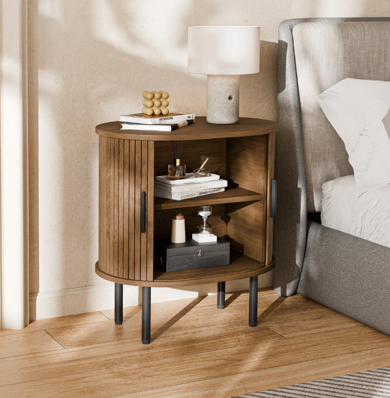 Modern Round Nightstand with Built-in Outlet & Tambour Sliding Doors - Image 2