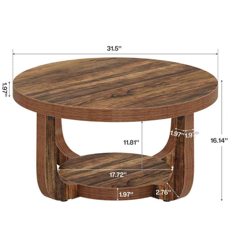 Rustic Round Coffee Table with Curved Legs & Round Bottom Shelf - Image 4