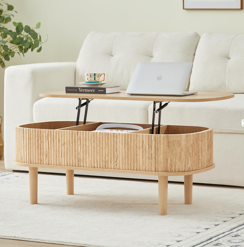 Fluted Lift-Top Coffee Table with Storage Compartments & Pre-Assembled Base - Image 3
