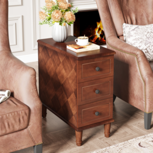 Vintage Solid Wood 3-Drawer End Table with Bronze Handles & Diamond Pattern