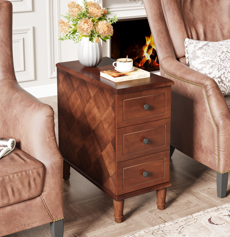 Vintage Solid Wood 3-Drawer End Table with Bronze Handles & Diamond Pattern