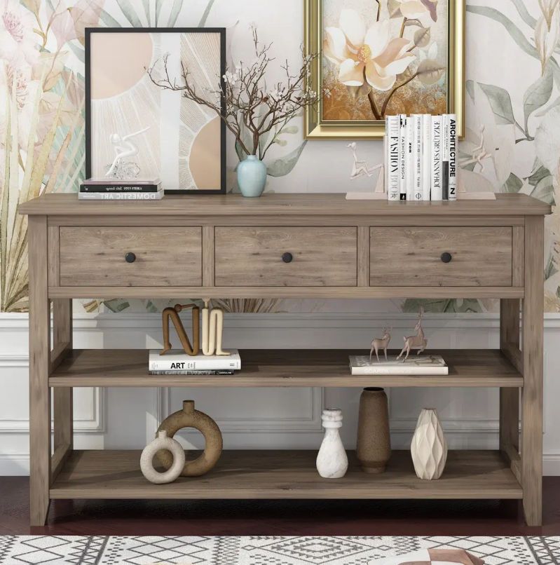 Rustic Console Table with 3 Drawers & 2-Tier Open Shelves - Image 3