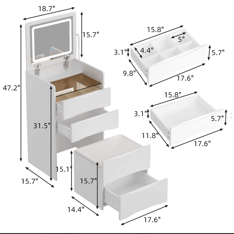Space-Saving Vanity Desk with Flip-Up LED Mirror & Storage Stool - Image 4