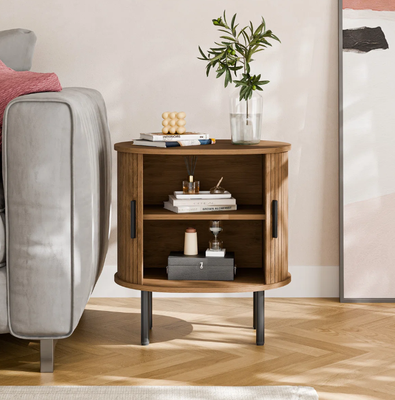 Modern Round Nightstand with Built-in Outlet & Tambour Sliding Doors - Image 3