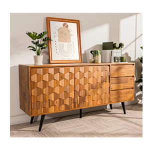 Mid-Century 3D Geometric Sideboard with Drawers & Adjustable Shelves