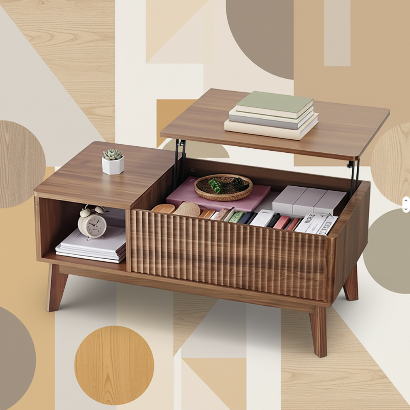 Asymmetrical Lift-Top Coffee Table with Open Shelf & Hidden Storage - Image 4
