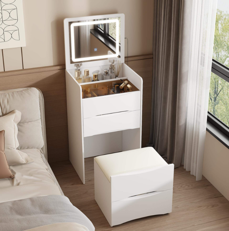 Space-Saving Vanity Desk with Flip-Up LED Mirror & Storage Stool - Image 5
