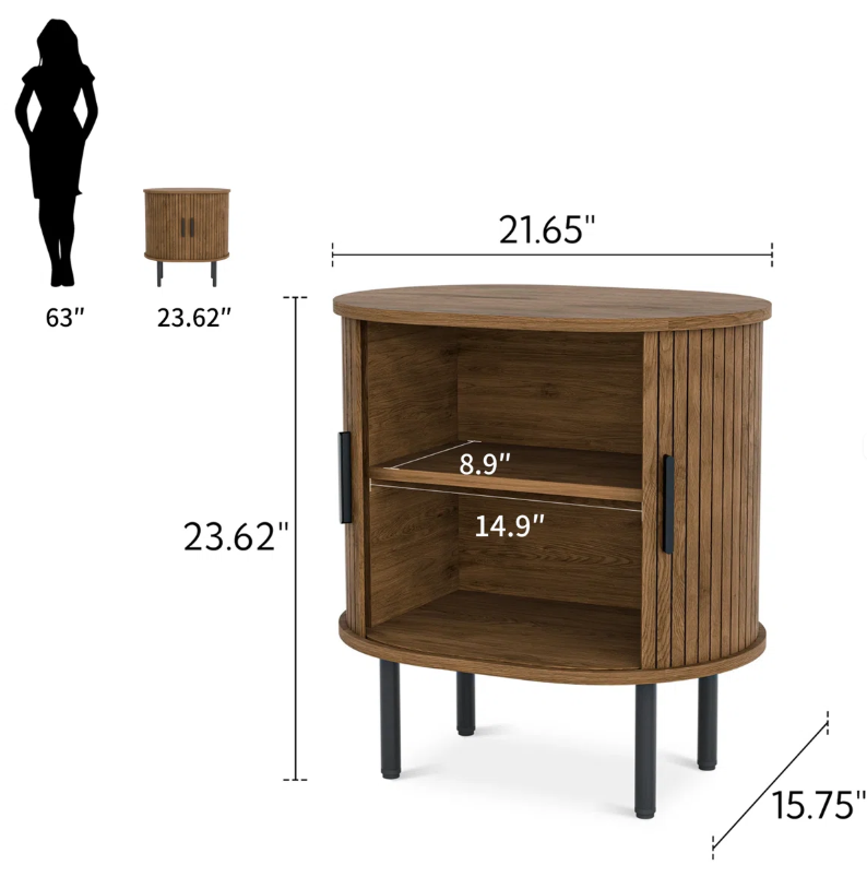 Modern Round Nightstand with Built-in Outlet & Tambour Sliding Doors - Image 4