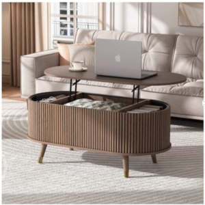 Mid-Century Lift-Top Coffee Table with Rounded Corners & Brass-Capped Legs