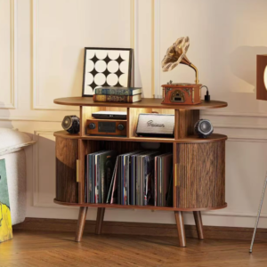 Mid-Century Fluted Record Player Stand with Built-in Power Outlet & Storage
