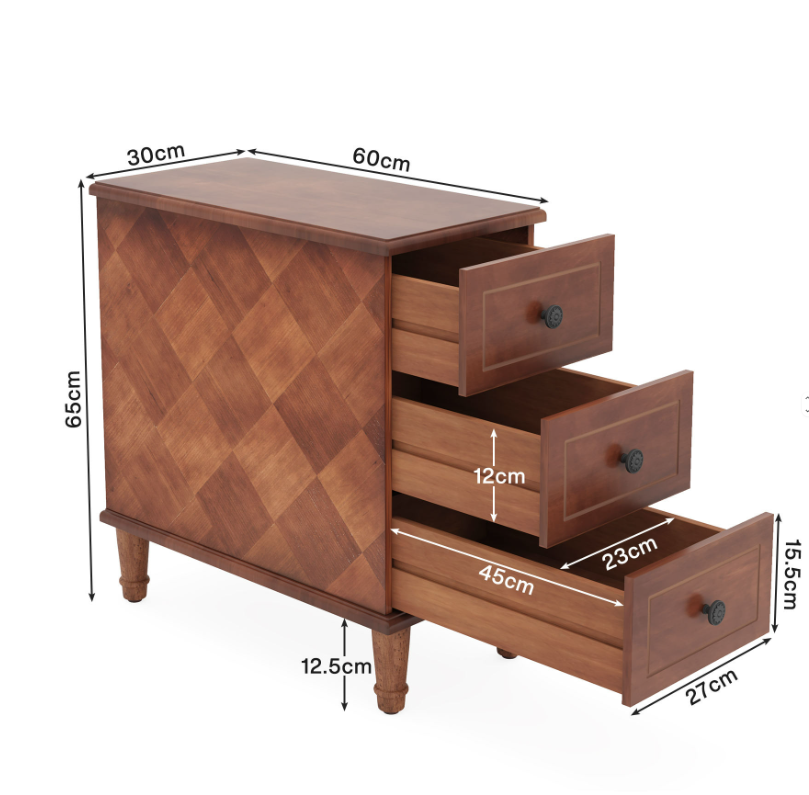 Vintage Solid Wood 3-Drawer End Table with Bronze Handles & Diamond Pattern - Image 4