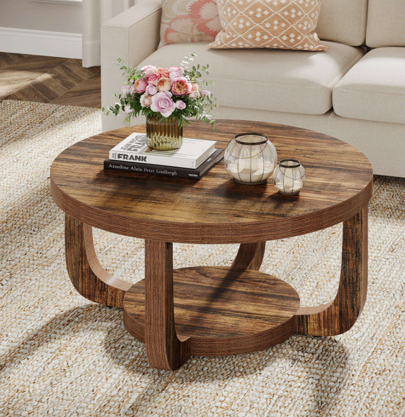 Rustic Round Coffee Table with Curved Legs & Round Bottom Shelf - Image 5
