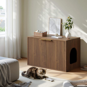 Hidden Cat Litter Box Enclosure with Fluted Doors & Side Entry