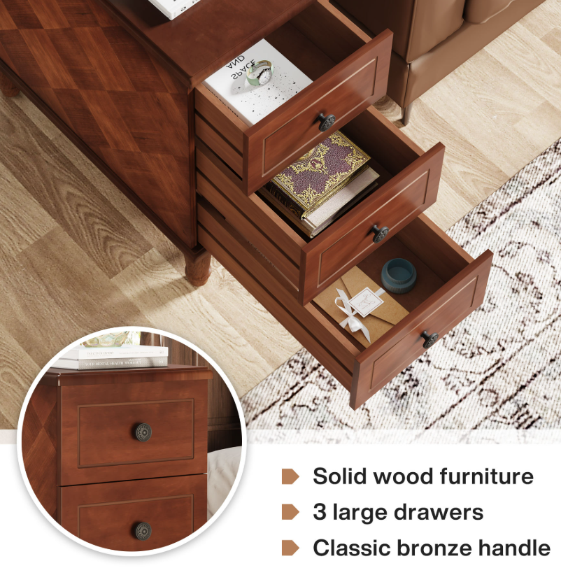 Vintage Solid Wood 3-Drawer End Table with Bronze Handles & Diamond Pattern - Image 5