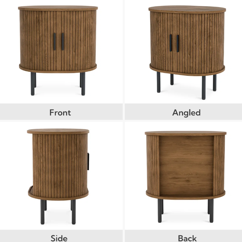 Modern Round Nightstand with Built-in Outlet & Tambour Sliding Doors - Image 5