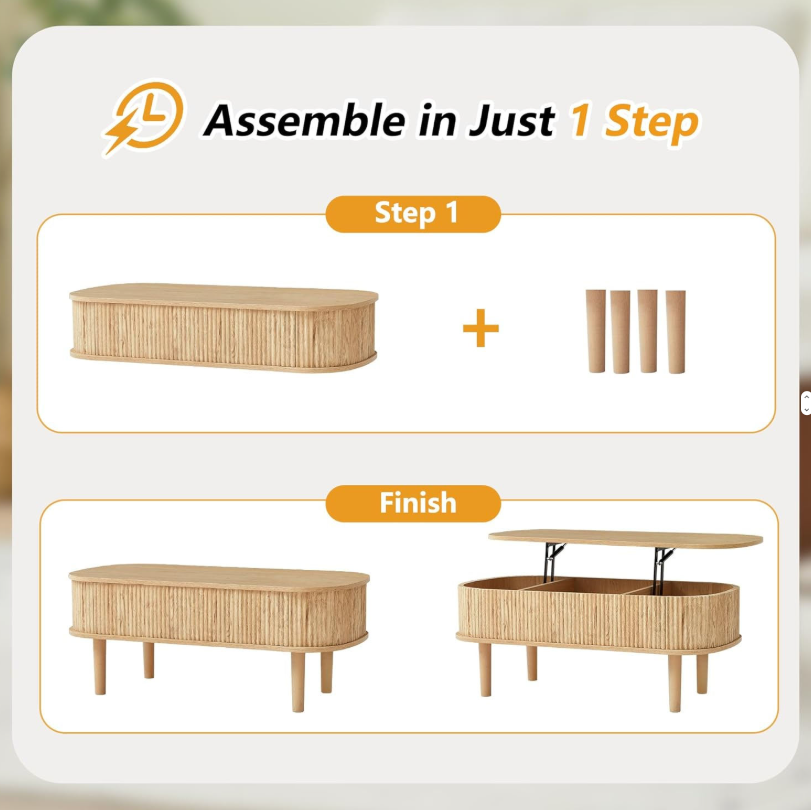 Fluted Lift-Top Coffee Table with Storage Compartments & Pre-Assembled Base - Image 4