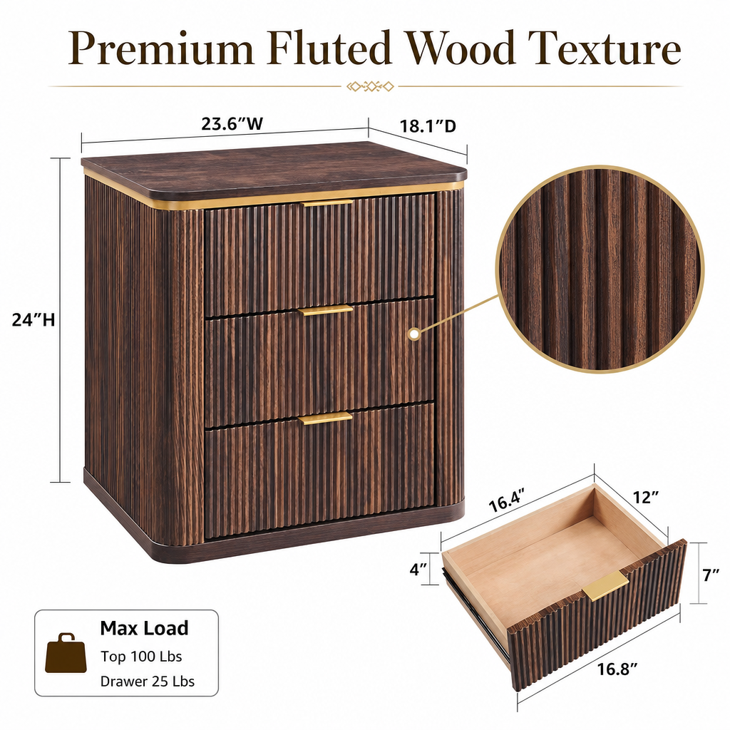 Luxury Fluted Nightstand with Touch-Activated LED Light & Wireless Charging - Image 7