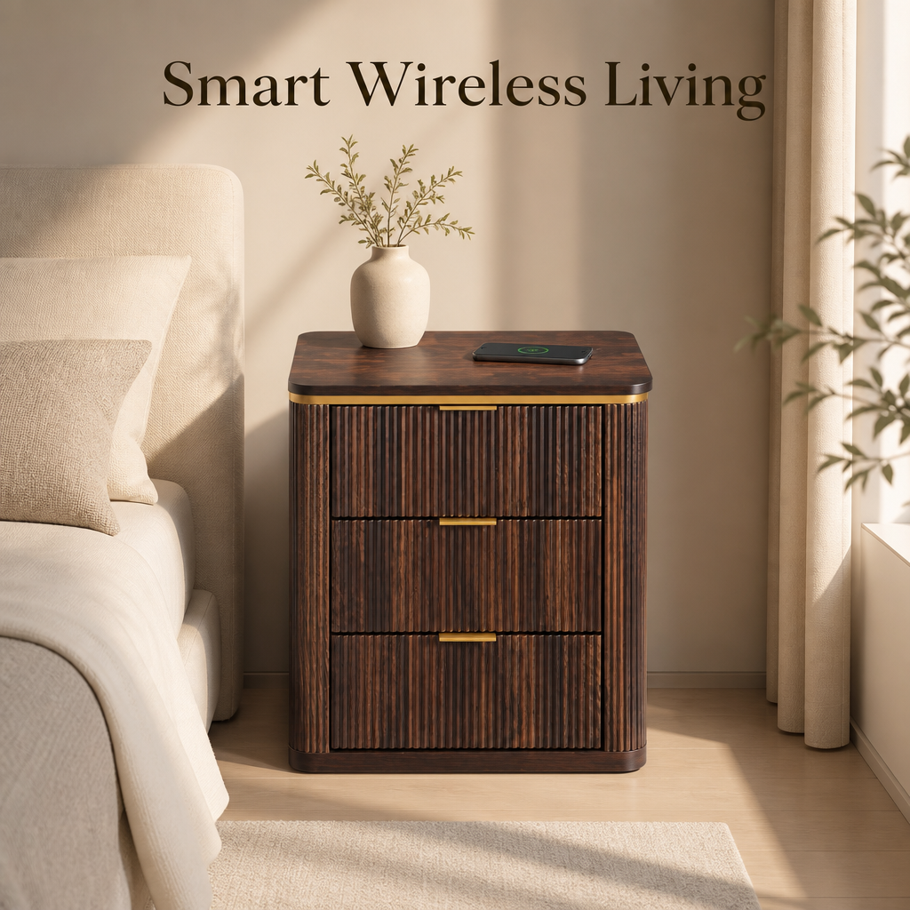 Luxury Fluted Nightstand with Touch-Activated LED Light & Wireless Charging