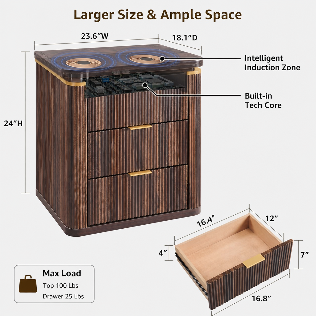 Luxury Fluted Nightstand with Touch-Activated LED Light & Wireless Charging - Image 3