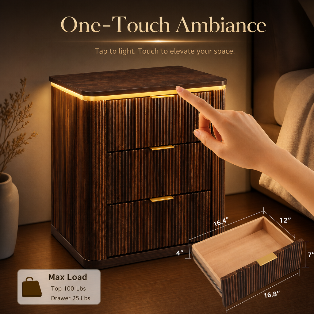 Luxury Fluted Nightstand with Touch-Activated LED Light & Wireless Charging - Image 4