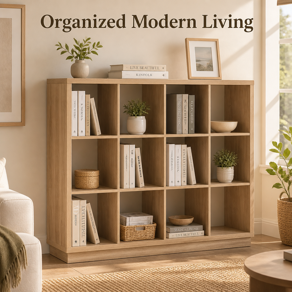 12-Cube Natural Oak Bookshelf with Anti-Tip Hook & Sturdy Base - Image 7