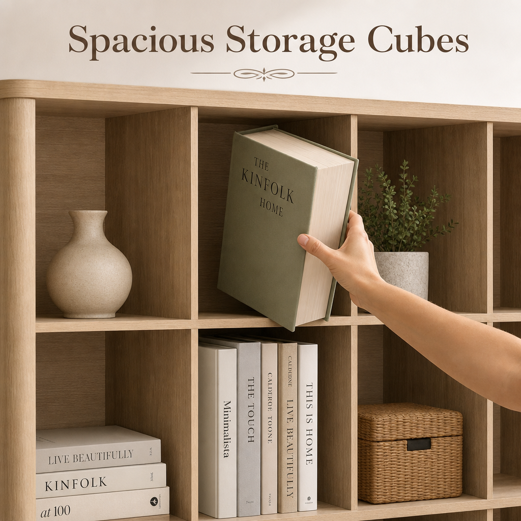 12-Cube Natural Oak Bookshelf with Anti-Tip Hook & Sturdy Base - Image 2