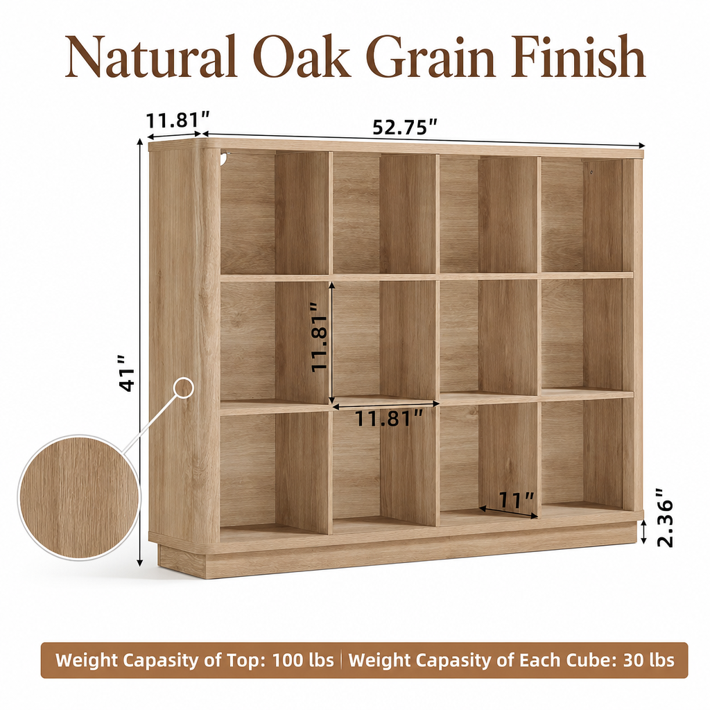 12-Cube Natural Oak Bookshelf with Anti-Tip Hook & Sturdy Base - Image 3
