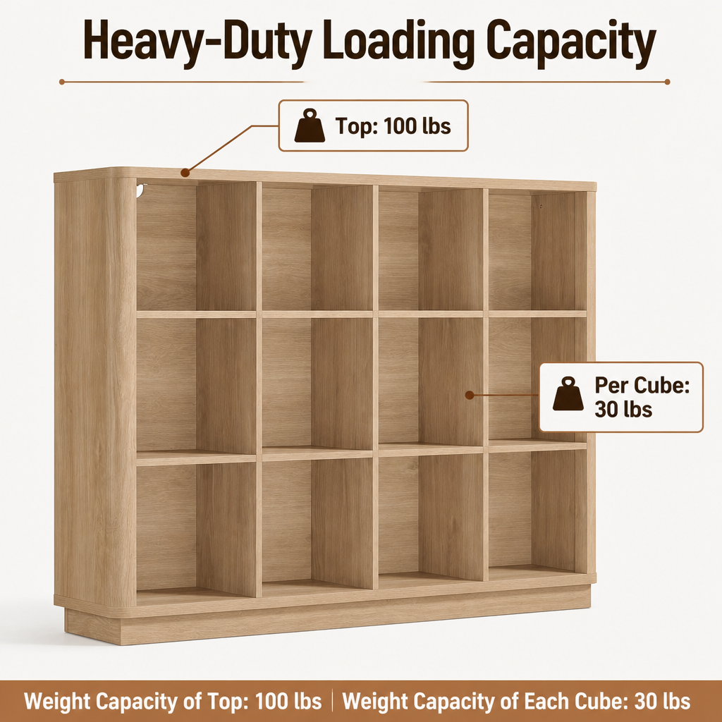 12-Cube Natural Oak Bookshelf with Anti-Tip Hook & Sturdy Base - Image 4