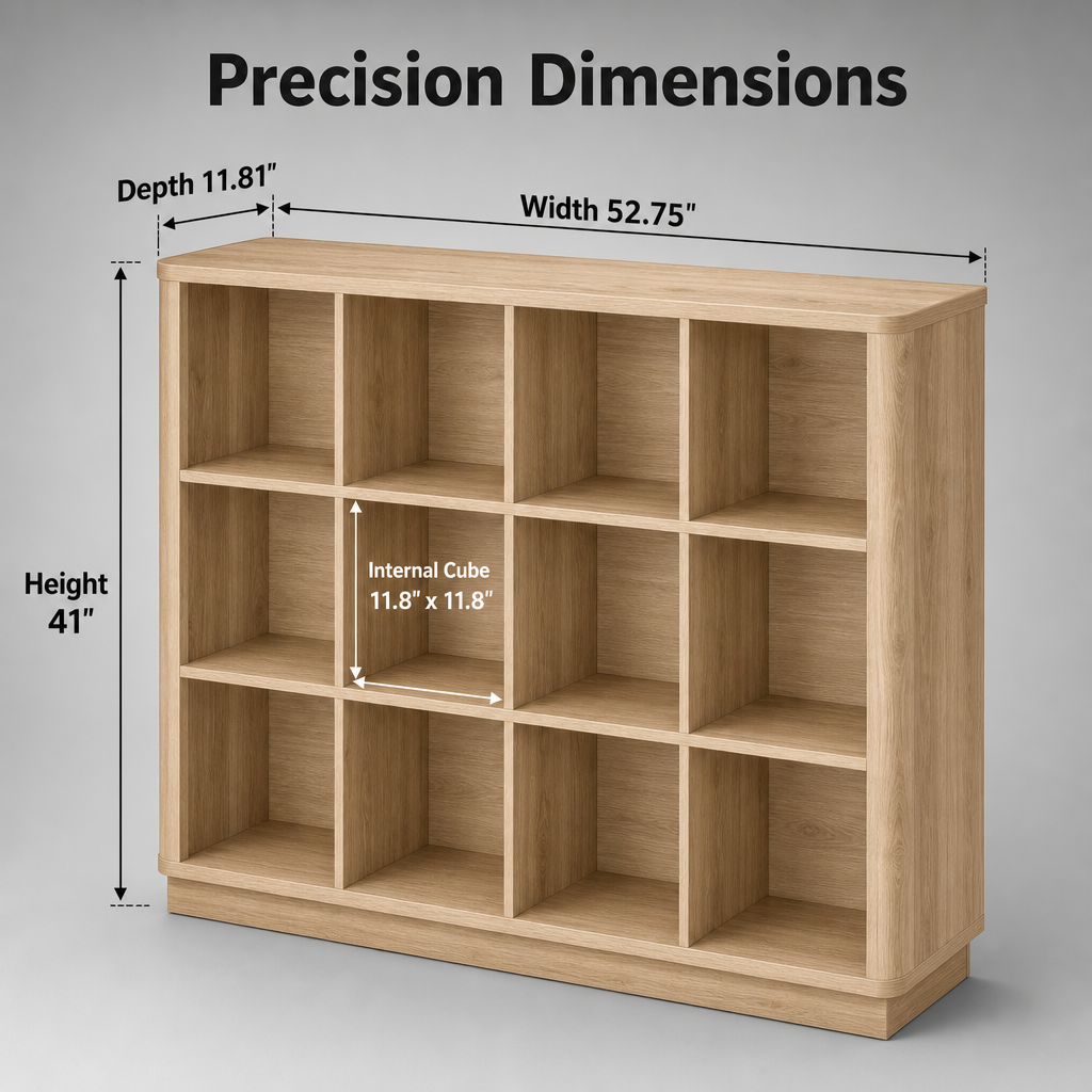 12-Cube Natural Oak Bookshelf with Anti-Tip Hook & Sturdy Base - Image 5