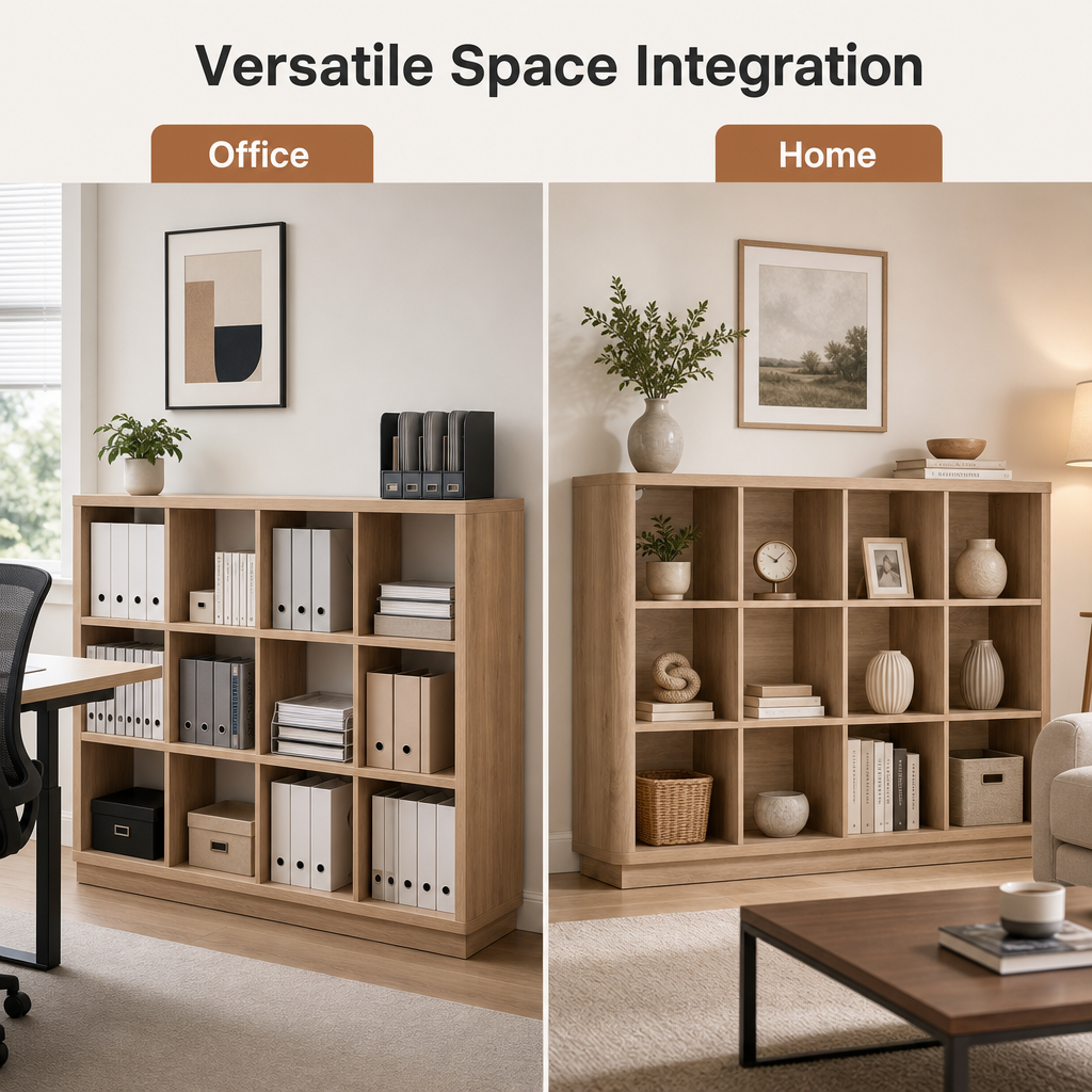 12-Cube Natural Oak Bookshelf with Anti-Tip Hook & Sturdy Base - Image 6