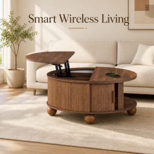 Smart Round Lift-Top Coffee Table with Wireless Charging & Ball Feet