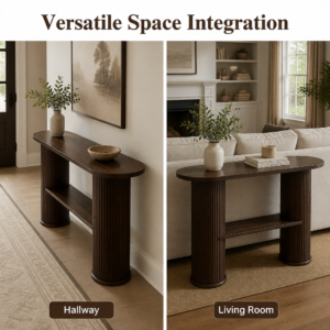 Pill-Shaped Console Table with Fluted Columns & Bottom Shelf