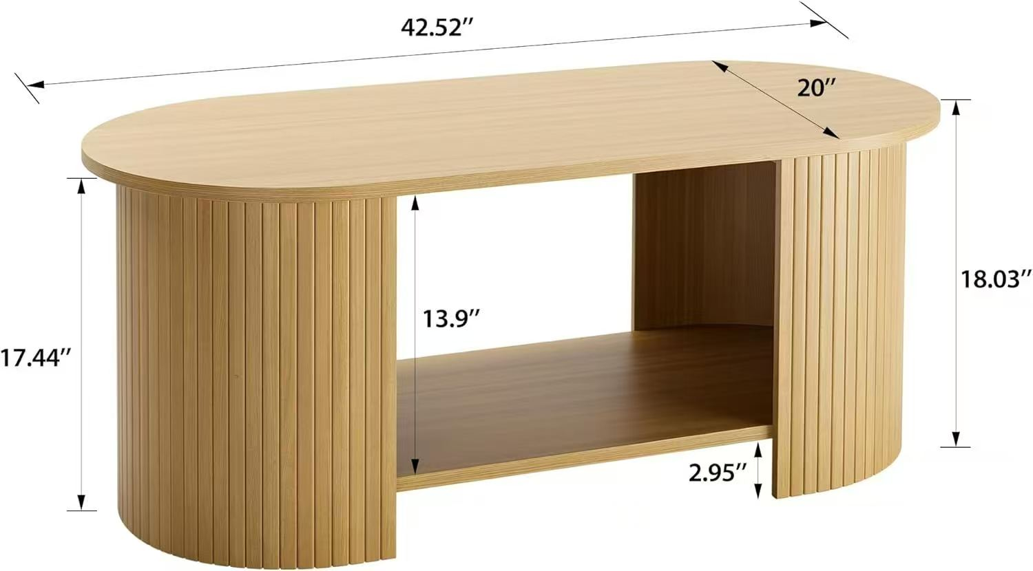 Scandinavian Pill-Shaped Coffee Table with Open Shelf & Fluted Leg - Image 9