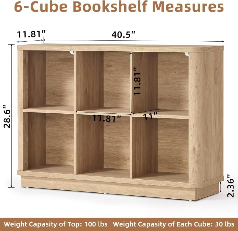 6-Cube Open Bookshelf with 1" Thick Top & Rounded Corner Design