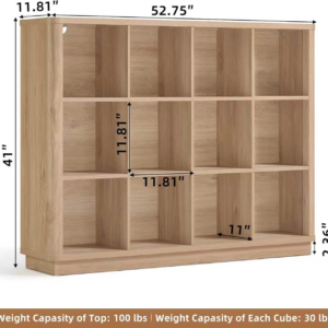 12-Cube Natural Oak Bookshelf with Anti-Tip Hook & Sturdy Base