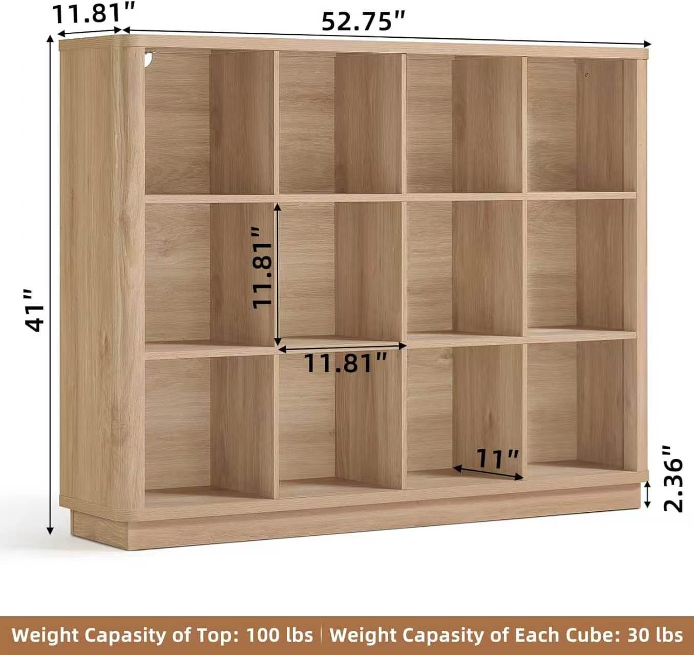 12-Cube Natural Oak Bookshelf with Anti-Tip Hook & Sturdy Base