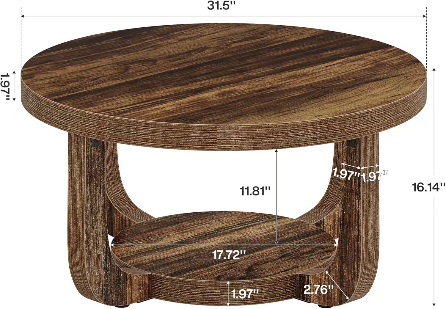 Rustic Round Coffee Table with Curved Legs & Round Bottom Shelf - Image 6