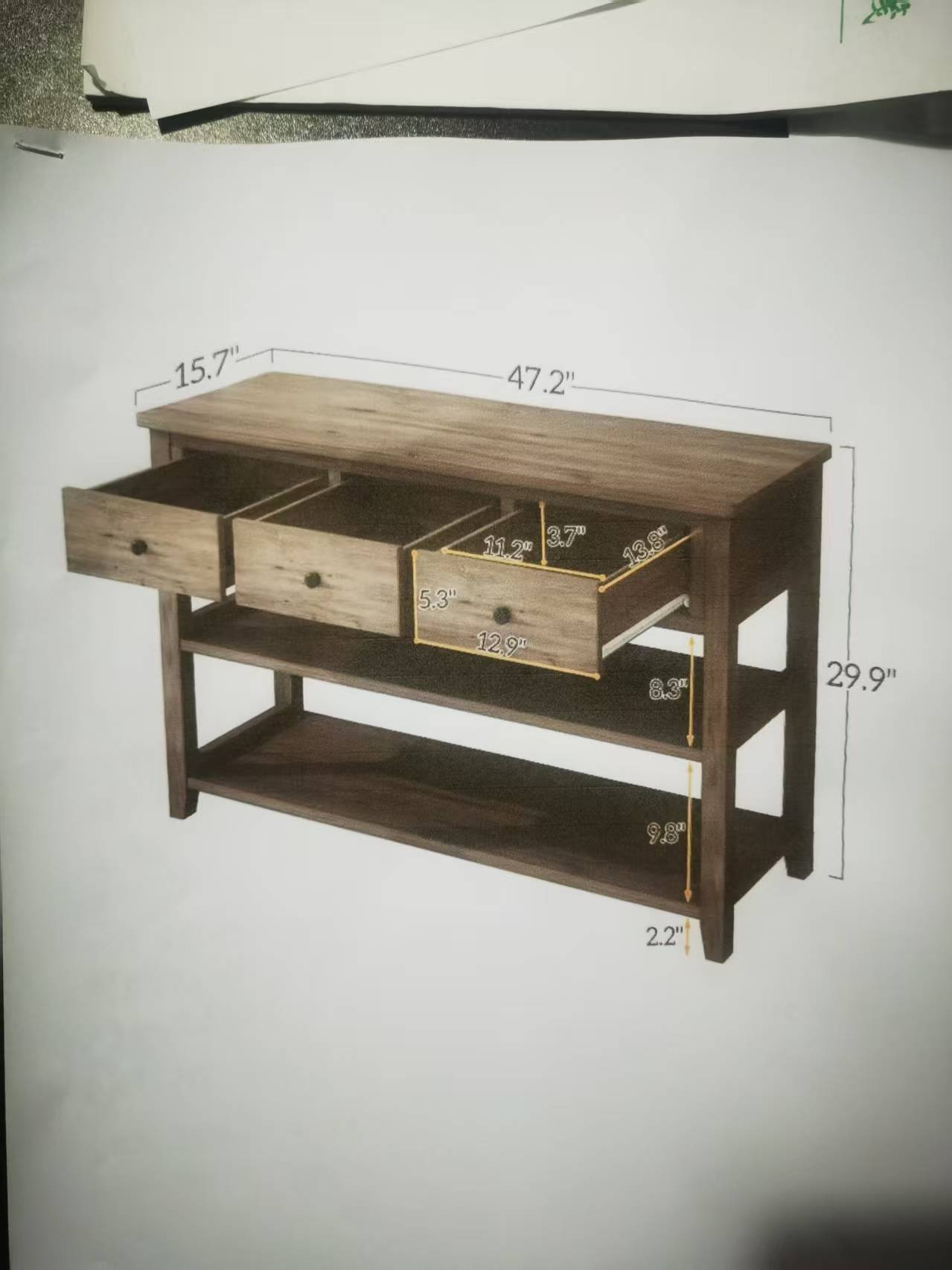 Rustic Console Table with 3 Drawers & 2-Tier Open Shelves - Image 4