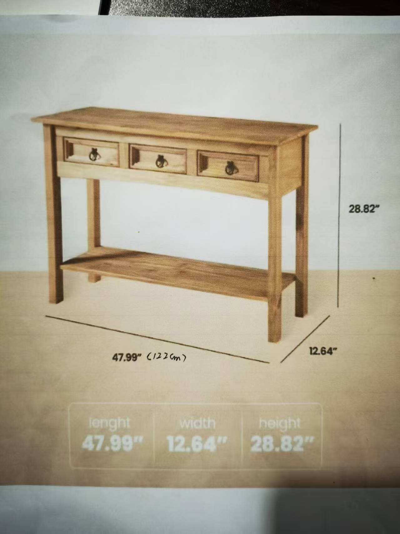 Solid New Zealand Pine Console Table with 3 Drawers & Vintage Ring Pulls - Image 6
