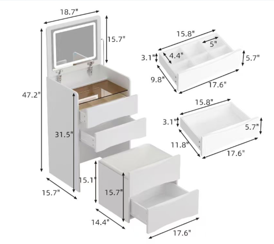 Space-Saving Vanity Desk with Flip-Up LED Mirror & Storage Stool - Image 6