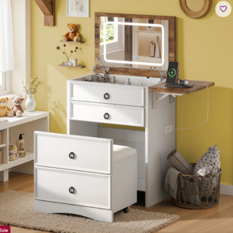 Farmhouse Vanity with LED Mirror, Drop-Leaf Tabletop & Storage Stool - Image 7