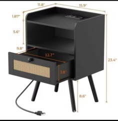 Black Nightstand with Built-in Charging Station, Rattan Drawer & Iron Legs - Image 8