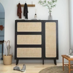 Slim Rattan Shoe Cabinet with Tilt-Out Drawers & Side Storage Door