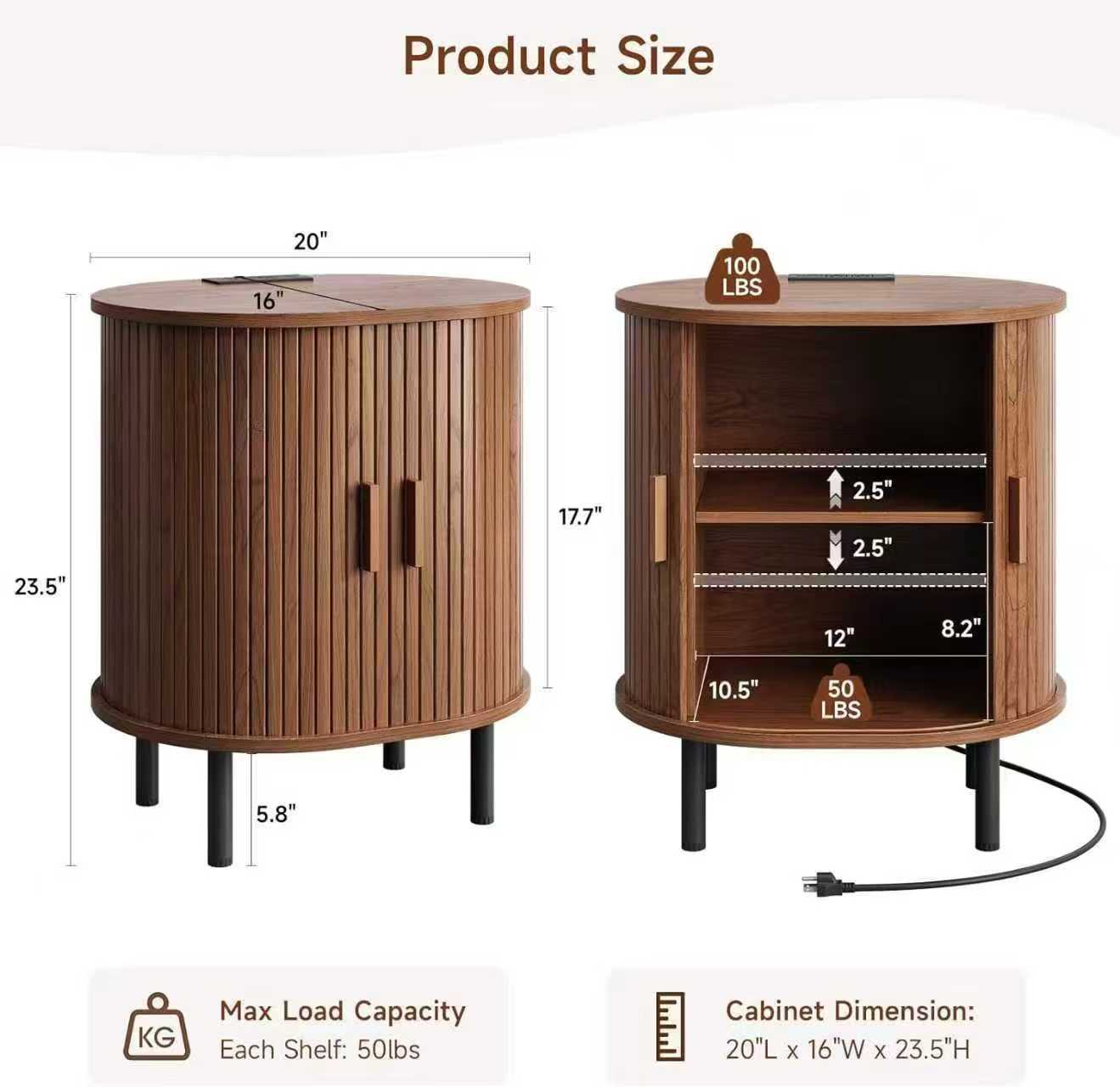 Modern Round Nightstand with Built-in Outlet & Tambour Sliding Doors - Image 6