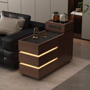 Solid Wood Mobile Tea Table Side Cabinet with Drawers Storage and Power Socket for Living Room Sofa
