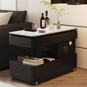 Modern Mobile Side Table with Marble Grain Lift and Swivel Top, Side Power Outlet, Double Drawers, Storage and Casters